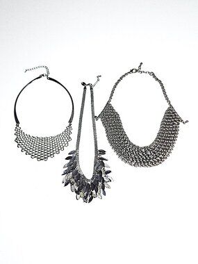 Silver-tone scale mail chain mail feather bib necklace bundle